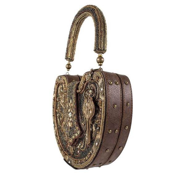 Mary Frances Lock it Up Beaded Handle Bag Leather Handbag Brown Gold Purse NEW - Picture 4 of 7
